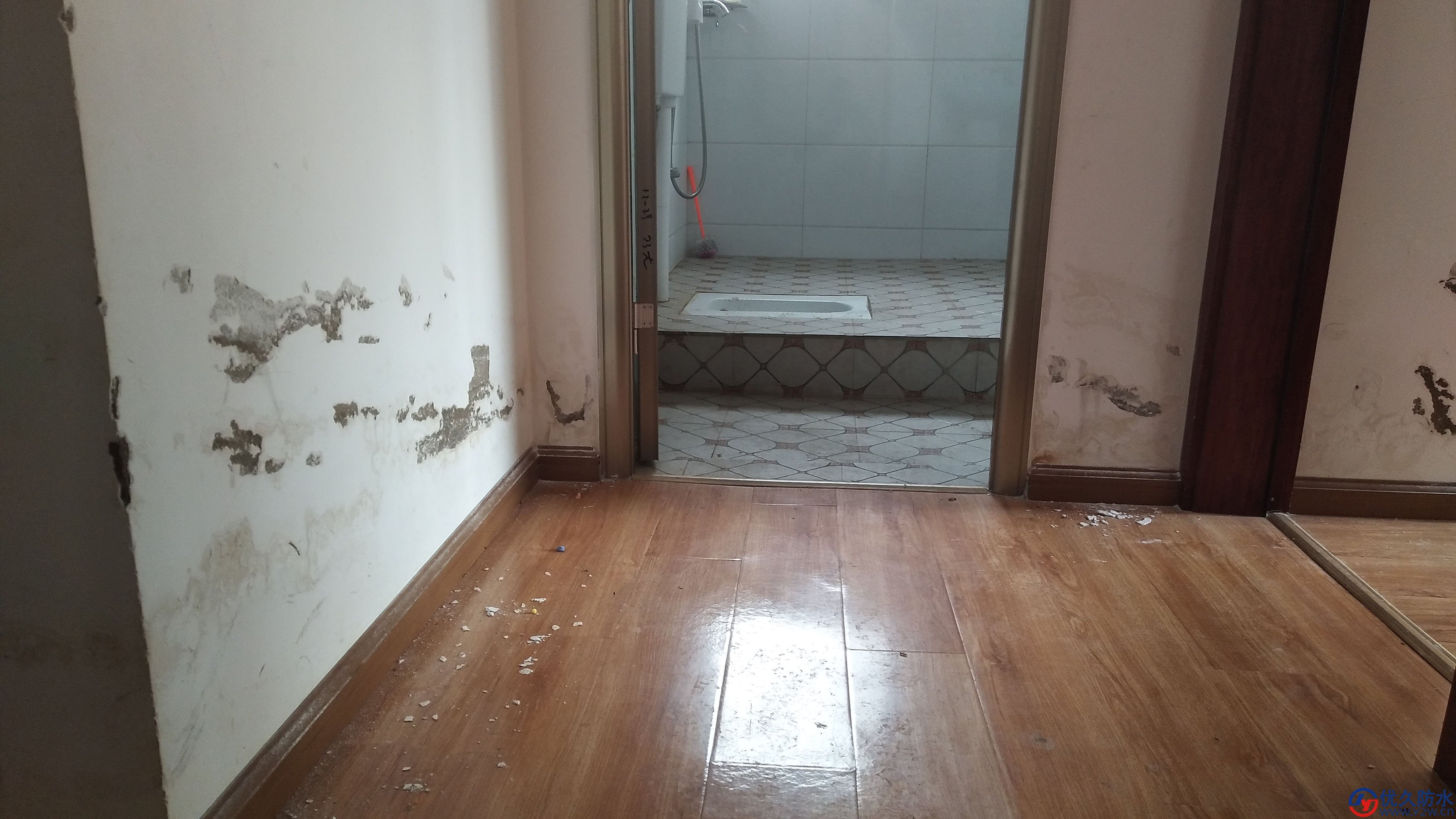 卫生间门口两侧漏水，及卧室、客厅墙壁漏水