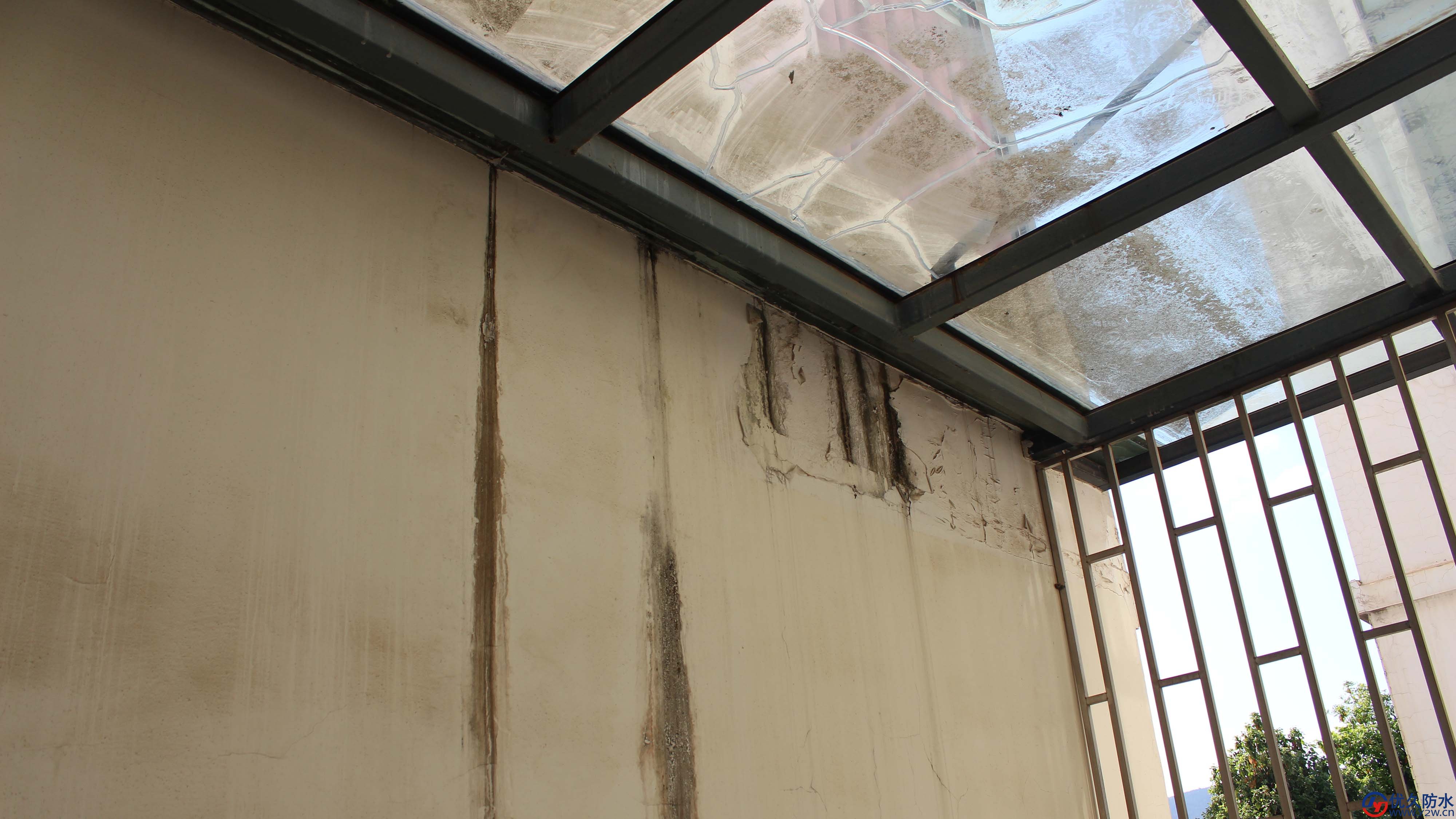 阳台玻璃顶墙壁漏水